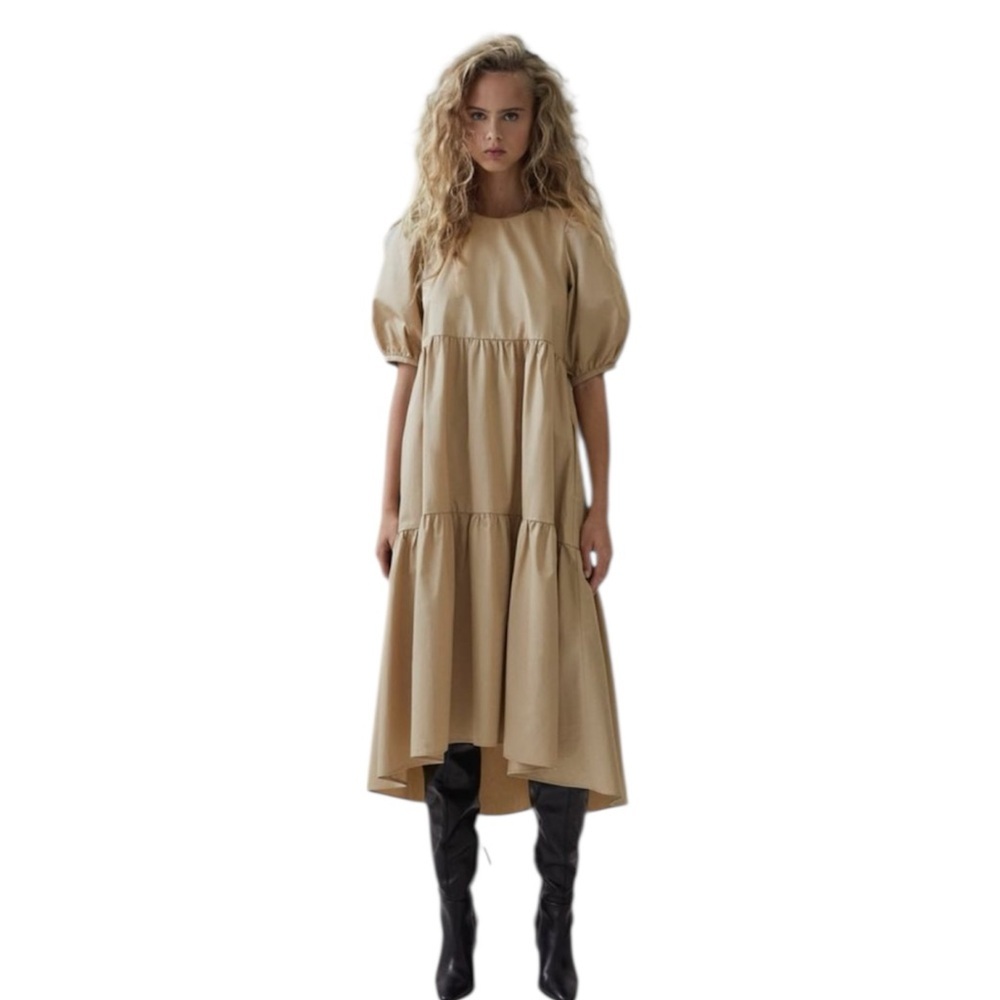 Zara Taupe High-Low Puff Sleeve Tiered Dress